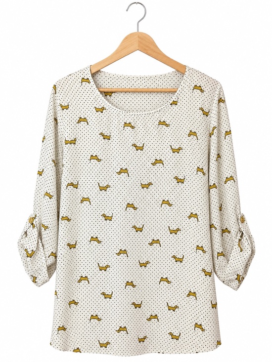 Sweet Rain Tops - Dachshund Dog Print Polka Dot playful whimsical roll-tab sleeved blouse NWT SM
